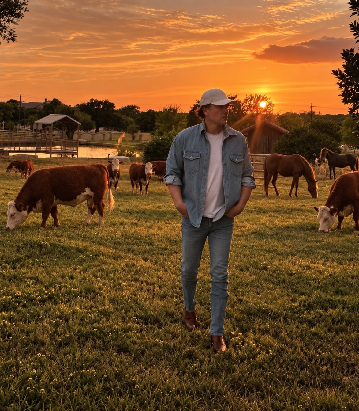 John Kuelbs at his Texas ranch, surrounded by Hereford cattle at sunset
