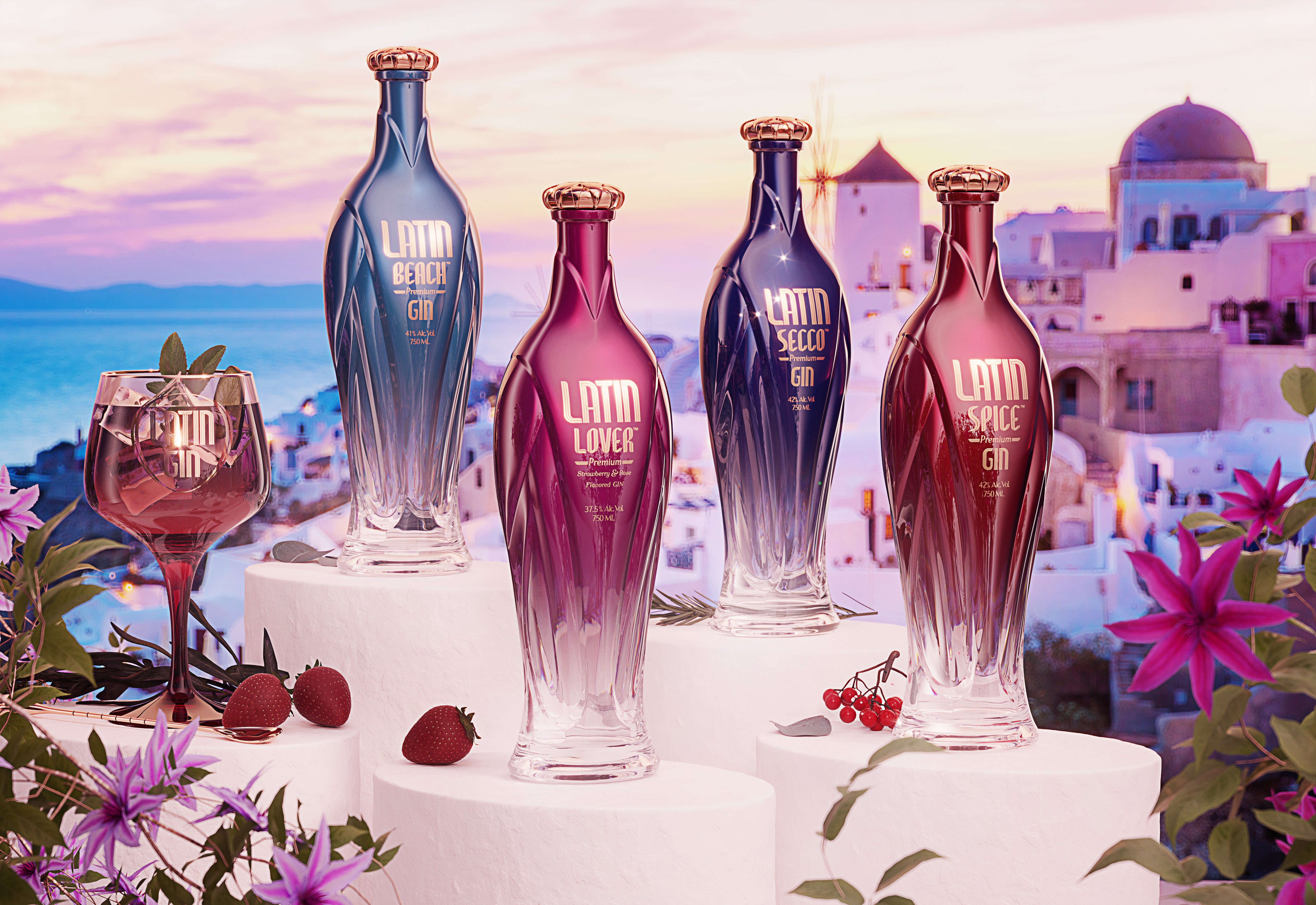 The Latin Gin collection overlooking Santorini at sunset